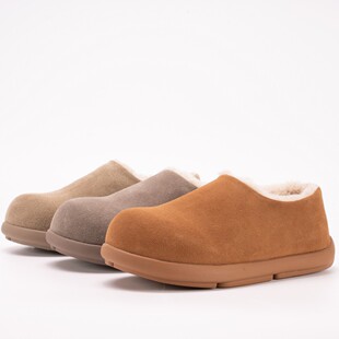 全包小土豆2025冬row慵懒风真皮桑坡加绒一脚蹬包头穆勒女拖鞋