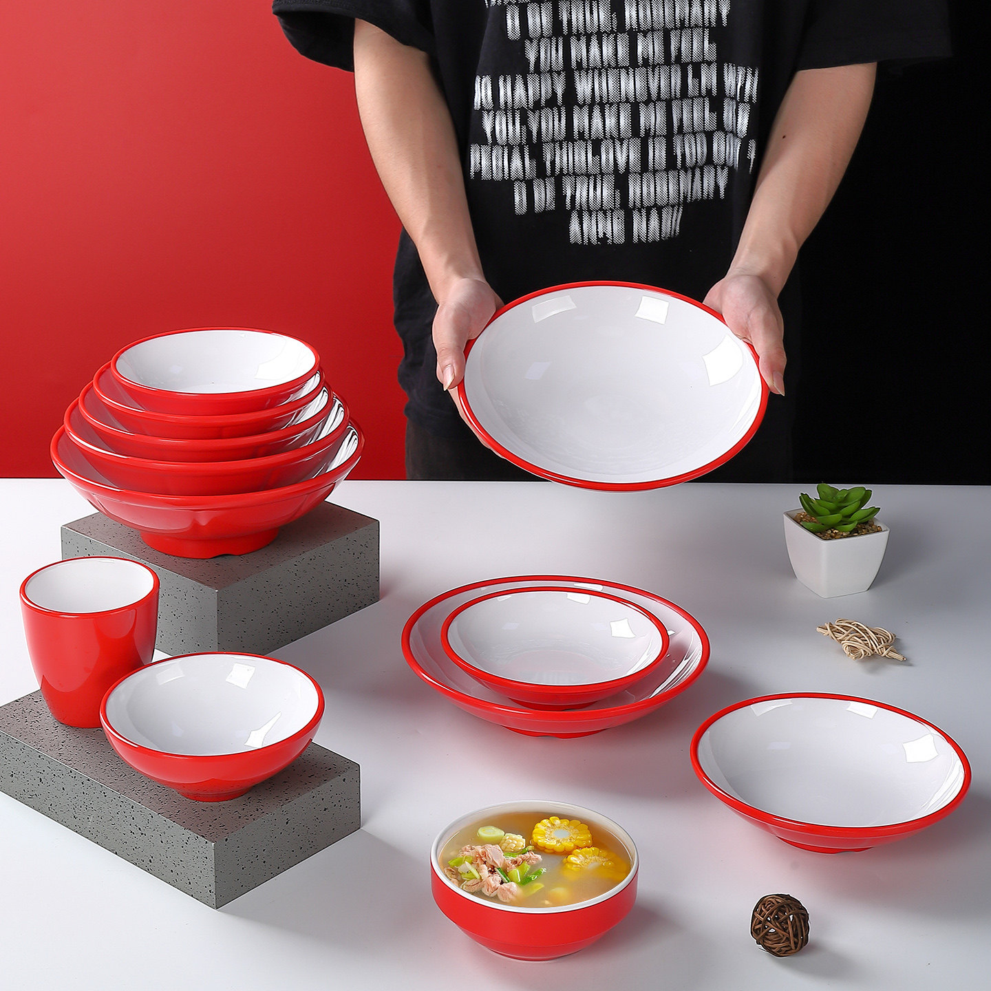 火锅店专用配菜碗密胺仿瓷创意餐具商用饭店餐厅红白酱料碗调料碗