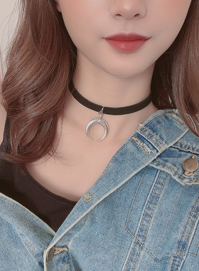 月亮锁骨链女黑色暗黑系颈带choker网红金属项链脖链嘻哈ins复古