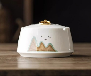 创意中式陶瓷带盖烟灰缸大容量 家用客厅中式复古手绘轻奢架烟缸