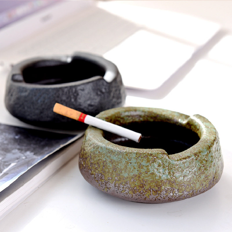 创意小码粗陶烟灰缸窑变绿中式复古茶几床头车载便携防飞灰夹烟缸