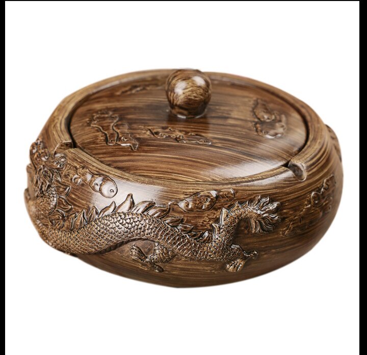 创意树脂带盖烟灰缸大码 中古风家用客厅防灰 带水槽办公架烟头缸