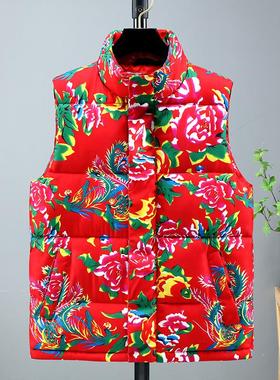 东北大花棉袄羽绒棉马甲男女款冬季加厚保暖背心棉服外套大码坎肩