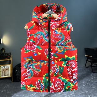 东北大花棉马甲抖音网红男女国潮中国风牡丹花加厚棉服冬保暖外套