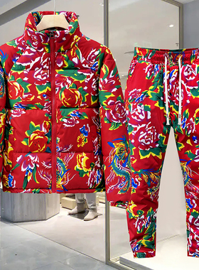 冬季国潮东北大花棉袄套装男女网红同款棉衣外套防寒保暖潮流棉服