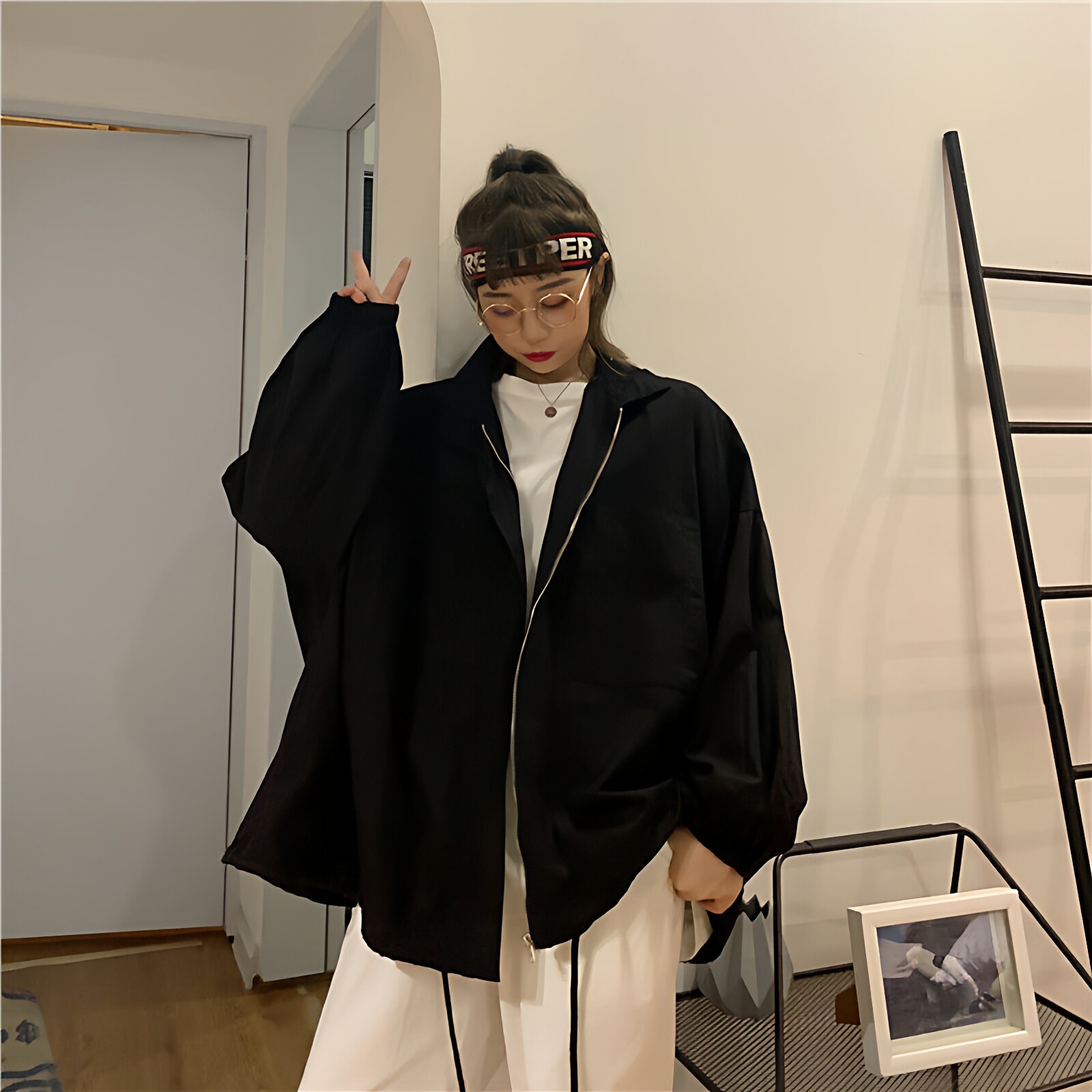 黑色薄外套新款女春秋百搭学生原宿风潮韩版宽松复古chic港味上衣