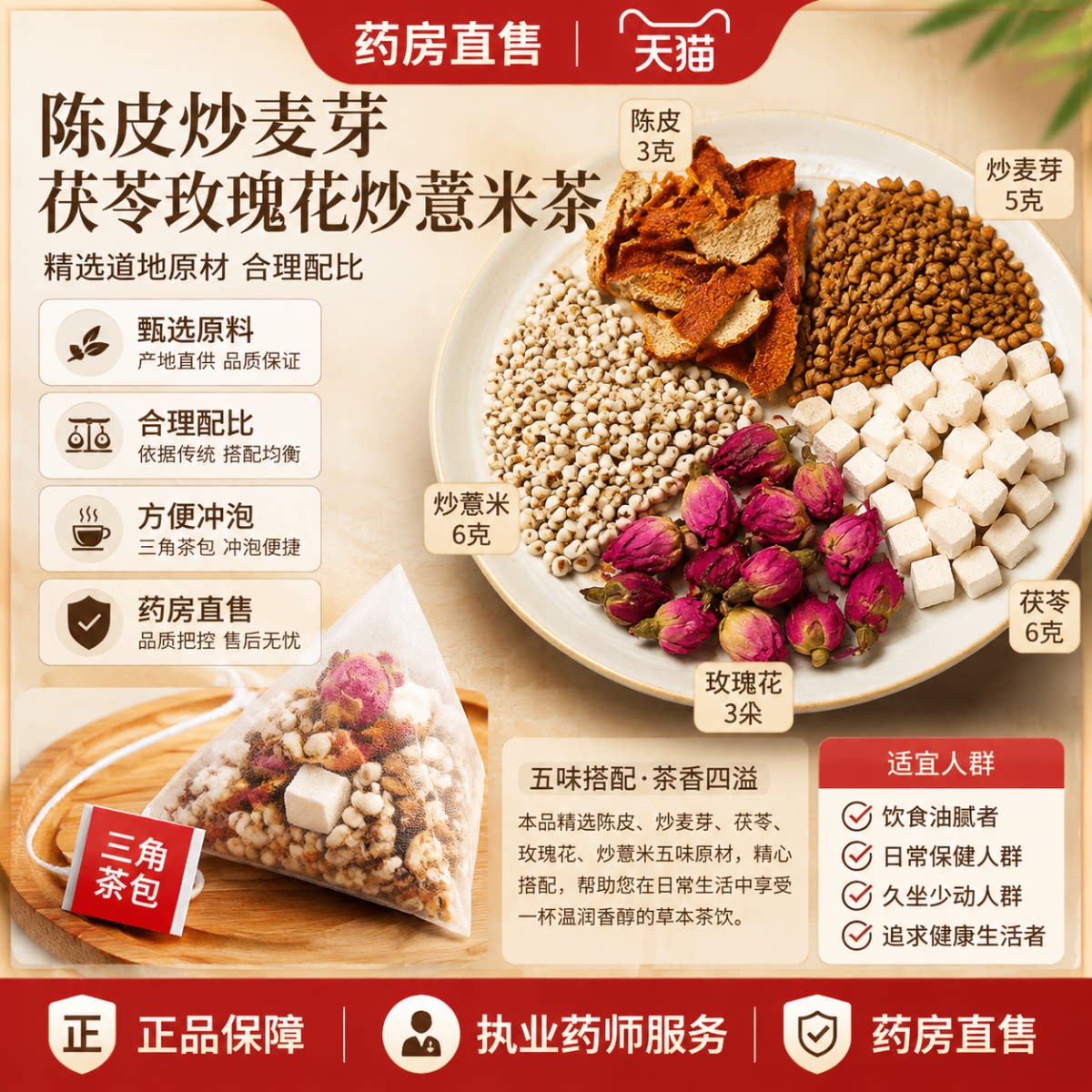 陈皮3克炒麦芽5克茯苓6克玫瑰花3朵炒薏米6克茶包中药材泡煮水2gh