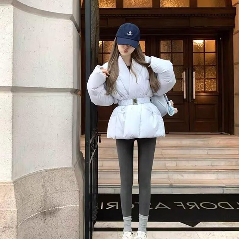 蓝色加厚保暖外套短款2024新款风收腰腰带羽绒服女款冬季