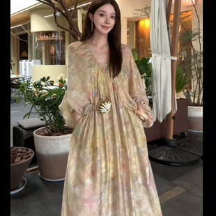 中袖 高级感休闲复古宽松长款 法式 V领蝙蝠袖 A字长裙 连衣裙2025夏季