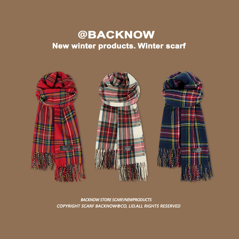 BACKNOW藏青色格纹围巾女秋冬