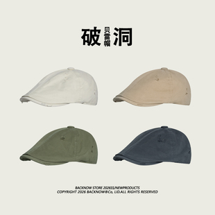 BACKNOW街头复古贝雷帽男女百搭显脸小韩版 做旧破洞前进帽潮 时尚