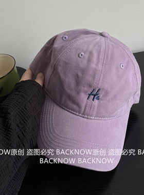 BACKNOW紫色H棒球帽字母女生时尚大头围宽檐鸭舌帽韩版休闲帽子男