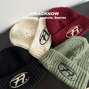 BACKNOW自制毛线帽R字母刺绣潮牌新品针织帽帽子男女冷帽情侣款