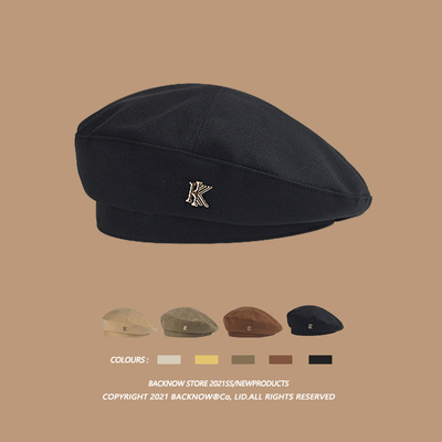 BACKNOW不沾毛黑色复古呢贝雷帽