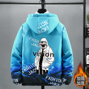 棉服外套男童超好看印花潮流加厚中大童胖孩棉衣棉袄男装带帽冬款