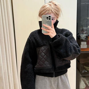 加拿大代购正品ALO羊羔毛夹棉绒毛纯色菱形保暖夹克棉服拉链外套