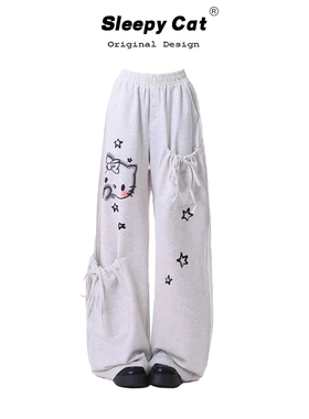 helloKitty猫咪印花灰色休闲裤女夏季薄款宽松显瘦阔腿裤子拖地裤