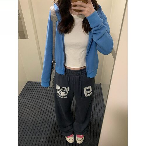 BESOBER 韩系穿搭温柔风蓝色巨好看独特漂亮气质开衫外套连帽卫衣