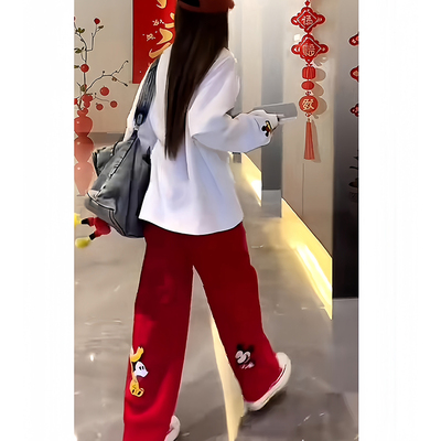 可爱卡通印花米奇休闲裤秋冬新款加绒洋气宽松减龄高级感阔腿裤潮