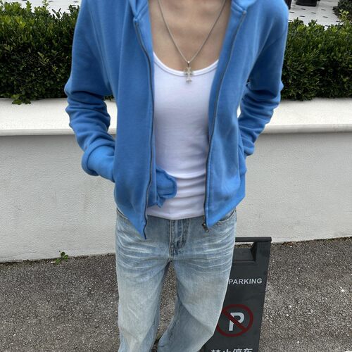 BESOBER 复古慵懒风短款连帽加绒加厚2026秋冬女拉链开衫卫衣外套