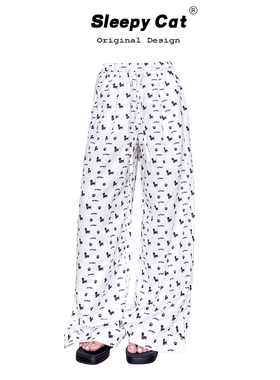 HEYABC 满印小狗印花慵懒风休闲裤女白色阔腿裤宽松直筒拖地长裤