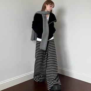 子 松紧腰抽绳阔腿拖地长裤 慵懒松弛感灰黑条纹针织休闲裤 女春秋季