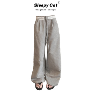 opening 小众高智感蕾丝拼接条纹阔腿裤夏薄系绳女夏直筒休闲裤子