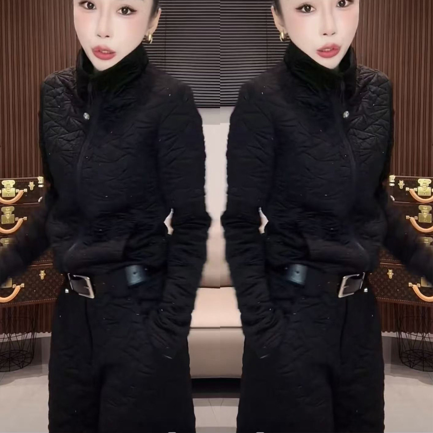 高级感立领压花外套女秋冬轻薄棉服修身显瘦宽松阔腿裤黑色套装25