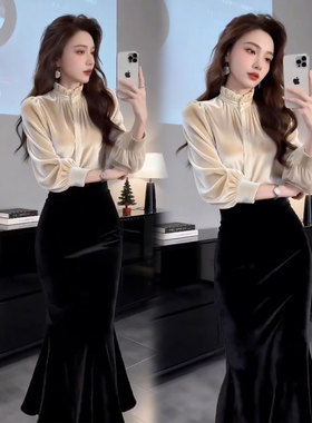 丝绒衬衫女鱼尾半身裙两件套显瘦