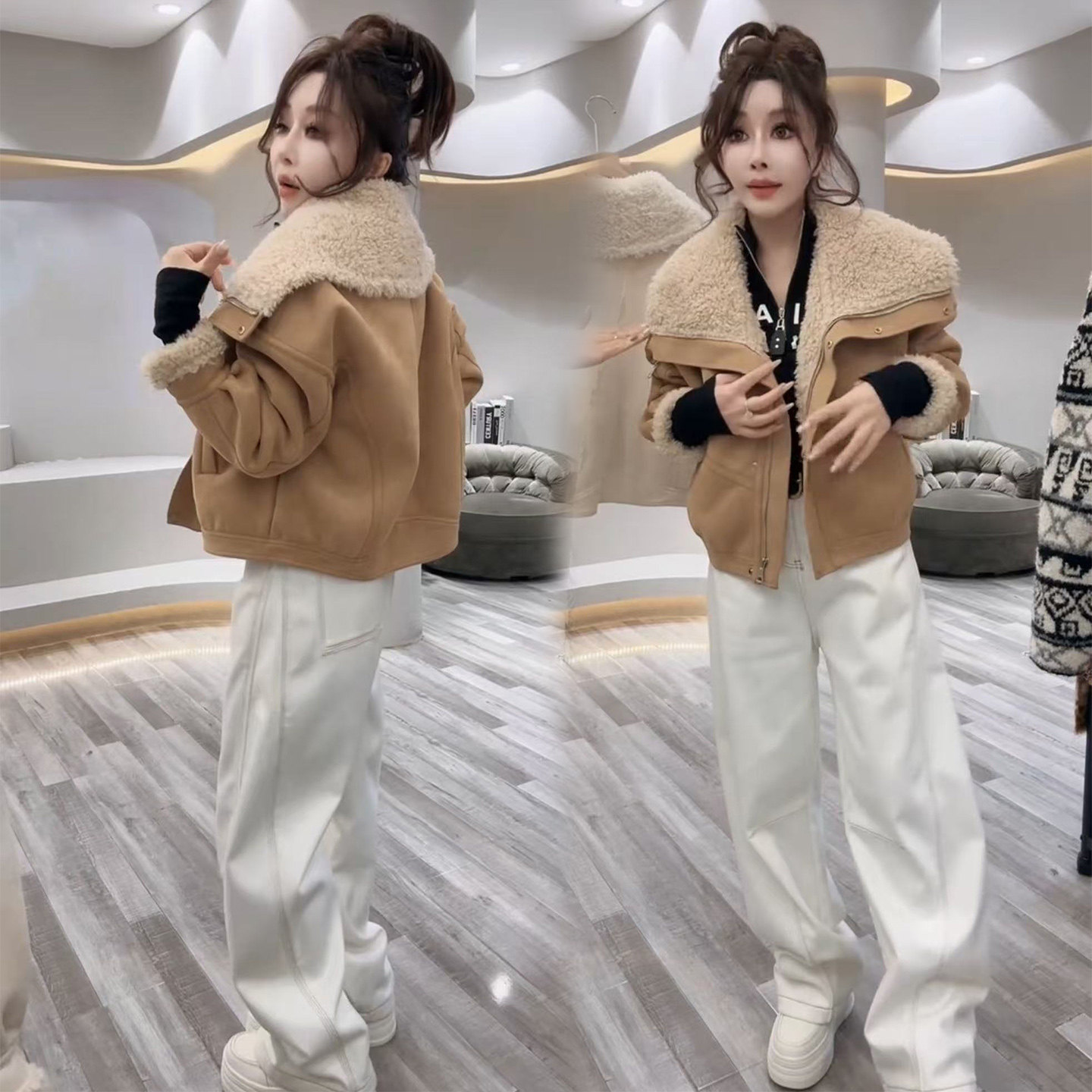 秋冬新款长袖外套拼接羊羔毛上衣