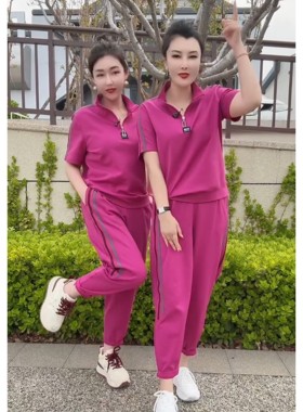 夏季新款时尚休闲运动套装女短袖+裤子宽松洋气减龄妈妈装两件套