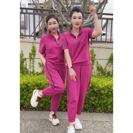 夏季新款时尚休闲运动套装女短袖+裤子宽松洋气减龄妈妈装两件套