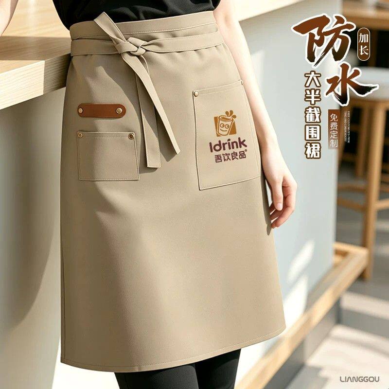 餐饮半身加长围裙工作服印logo奶茶烘焙店服务员专用防水围腰