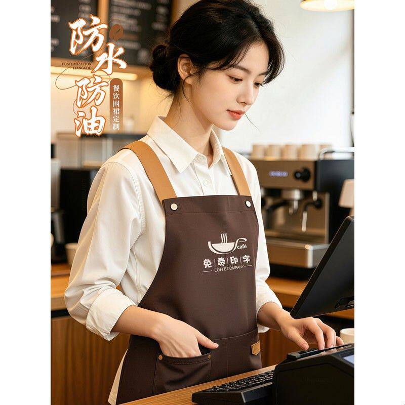 餐饮专用防水防油围裙印字咖啡奶茶店员后厨房工作服围腰