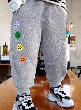 秋冬男女童休闲裤宝宝洋气儿童个性潮牌加厚一体绒卡通笑脸运动裤