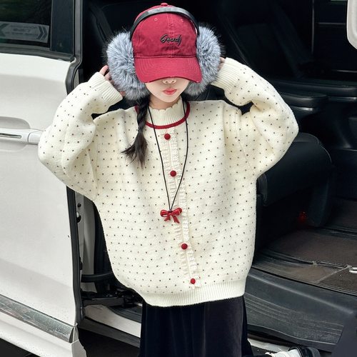 女童2025新款洋气韩版毛衣秋冬款女宝加绒加厚圆领针织套头衫上衣