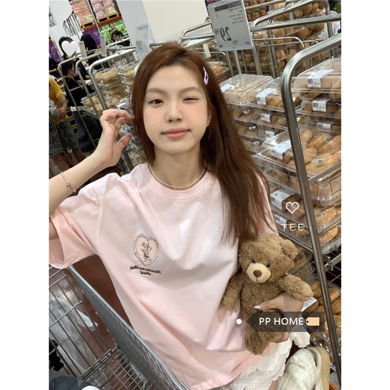 PPHOME悠然甜美~爱心刺绣宽松短袖T恤女夏季韩系休闲宽松减龄上衣