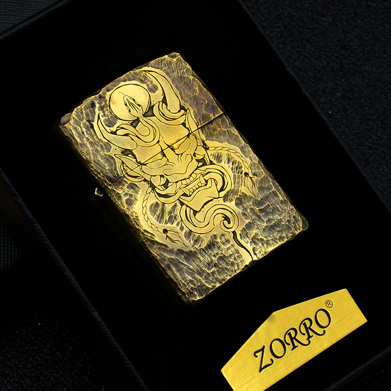 ZORRO正品佐罗手雕黄铜 般若煤油打火机手工精雕作旧个性创意包邮