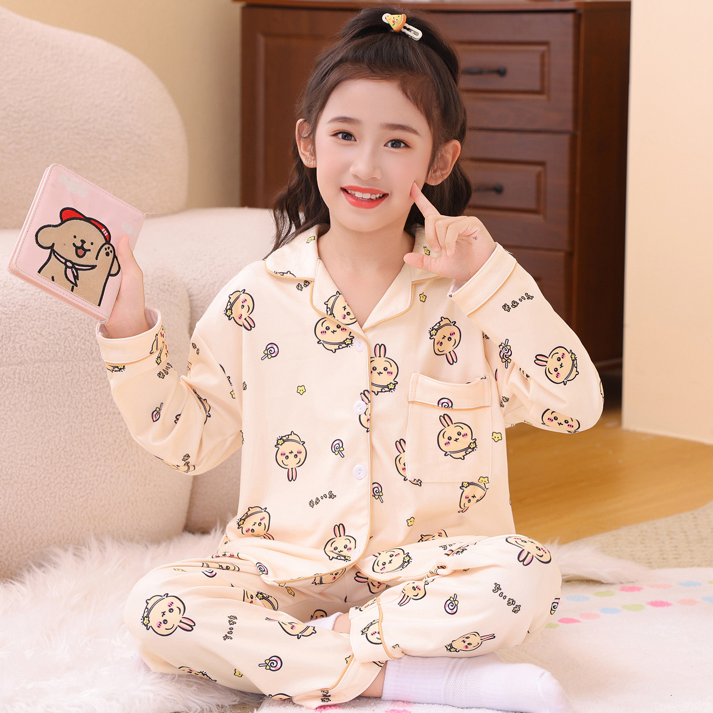儿童睡衣女孩可爱乌萨奇翻领高端德绒秋冬季女大童长袖家居服套装