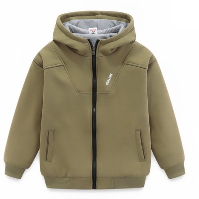 儿童新款春秋冬季男中大童开衫休闲纯色卫衣双层加厚加绒上衣外套