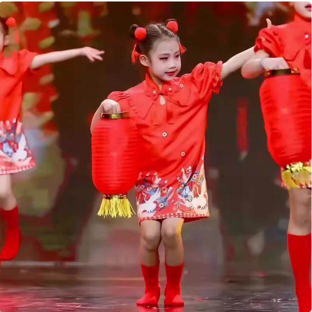欢乐中国年舞蹈服元旦新年喜庆儿童演出服元日中国风红色旗袍女童