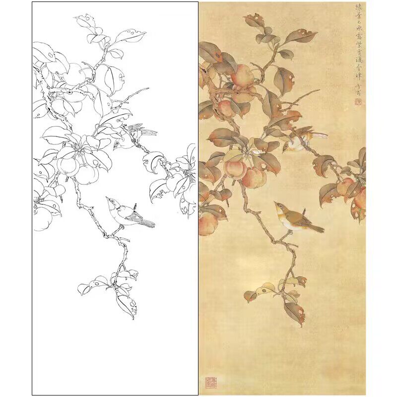 工笔画打印白描底稿陈之佛竖幅海棠绣眼工笔实物透稿初学临摹71l