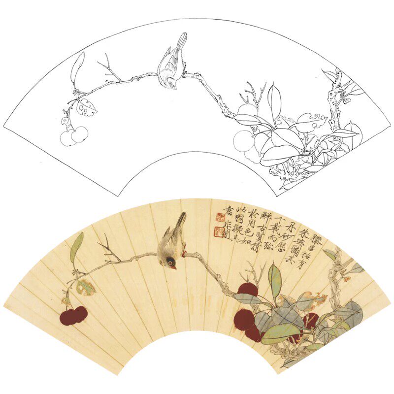 于非闇国画工笔画白描扇面花鸟底稿临摹勾线过稿透稿实物打印799x