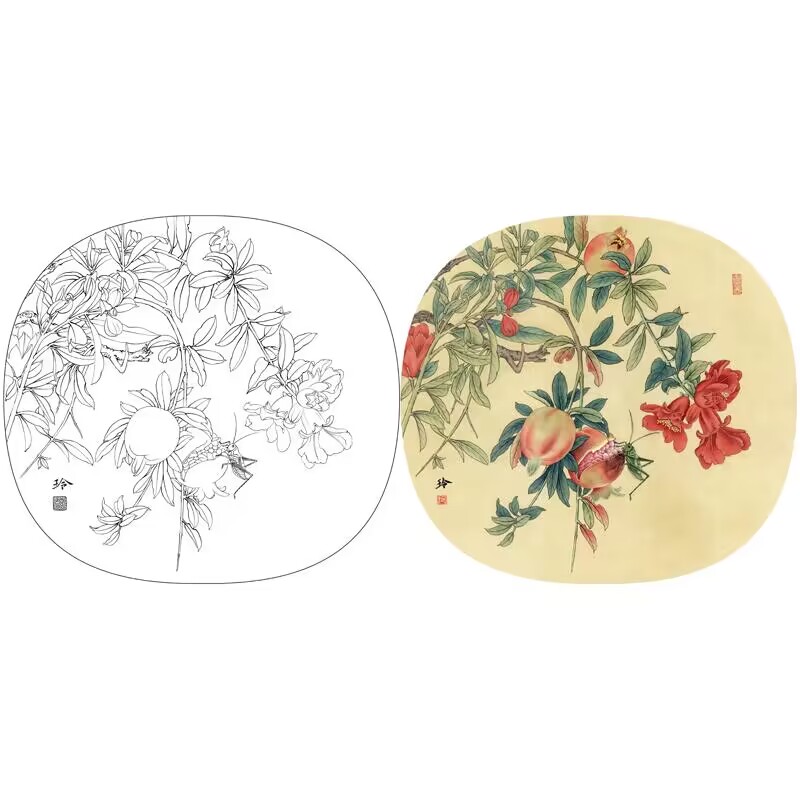 有步骤说明高清小品花鸟底稿郑玲玲工笔画白描底稿《石榴小鸟451l