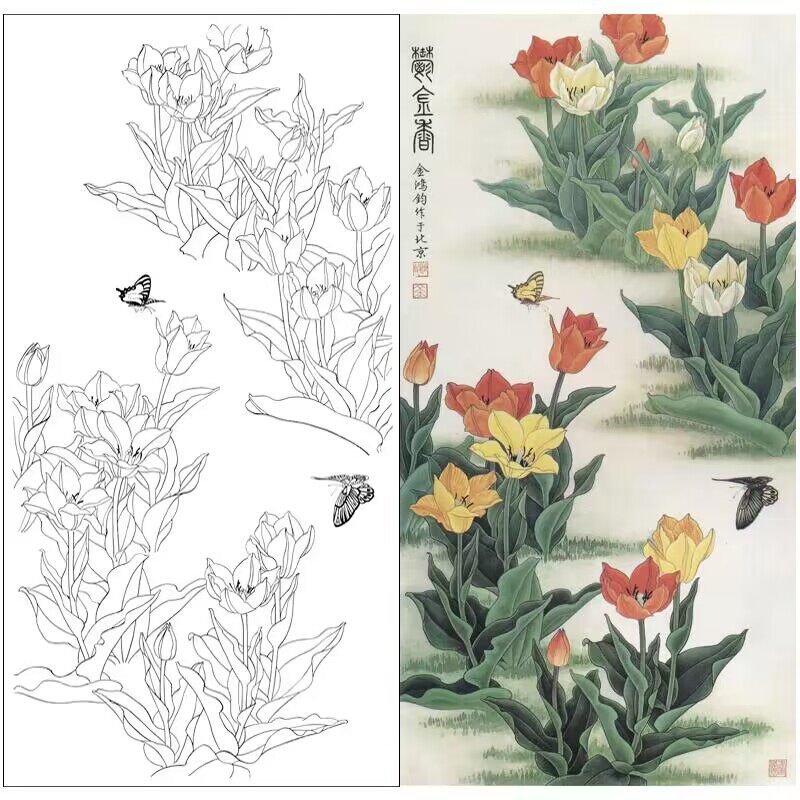 工笔画国画竖幅郁金香白描底稿初学者实物临摹透稿勾线打印稿720