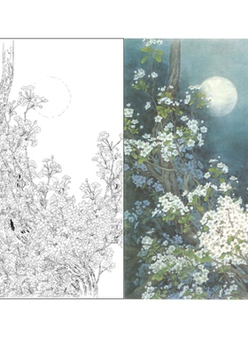 工笔国画白描底稿实物勾线打印稿周中耀梨花竖幅花卉花鸟蓝色34L