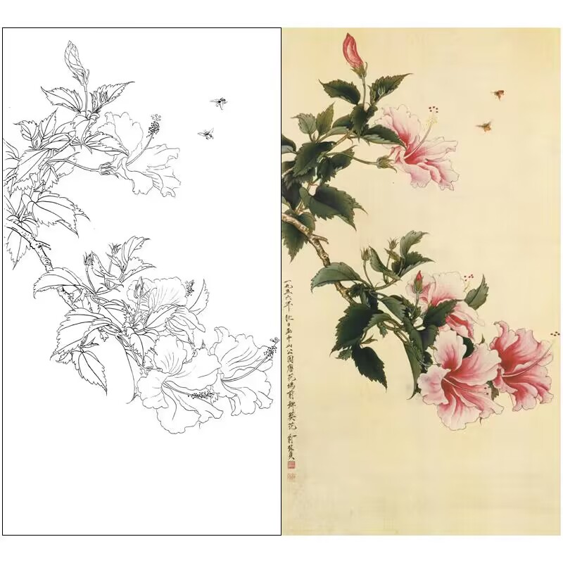 俞致贞竖幅初学者锦葵画工笔白描底稿线稿高清临摹实物打印稿02x