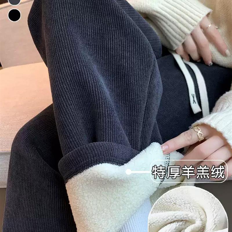 羊羔绒阔腿裤女裤秋冬季加绒加厚棉裤2025新款灰色灯芯绒直筒裤子