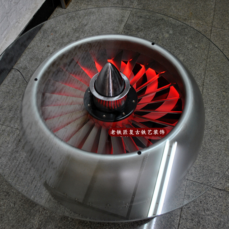 手工工业风航空飞机引擎模型茶几旋转圆形发动机涡轮风扇建筑设计