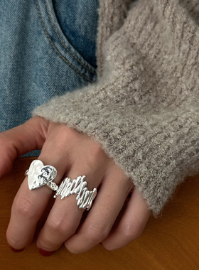 韩版锤纹爱心925纯银同款戒指女百搭简约个性时尚小众设计酷指环